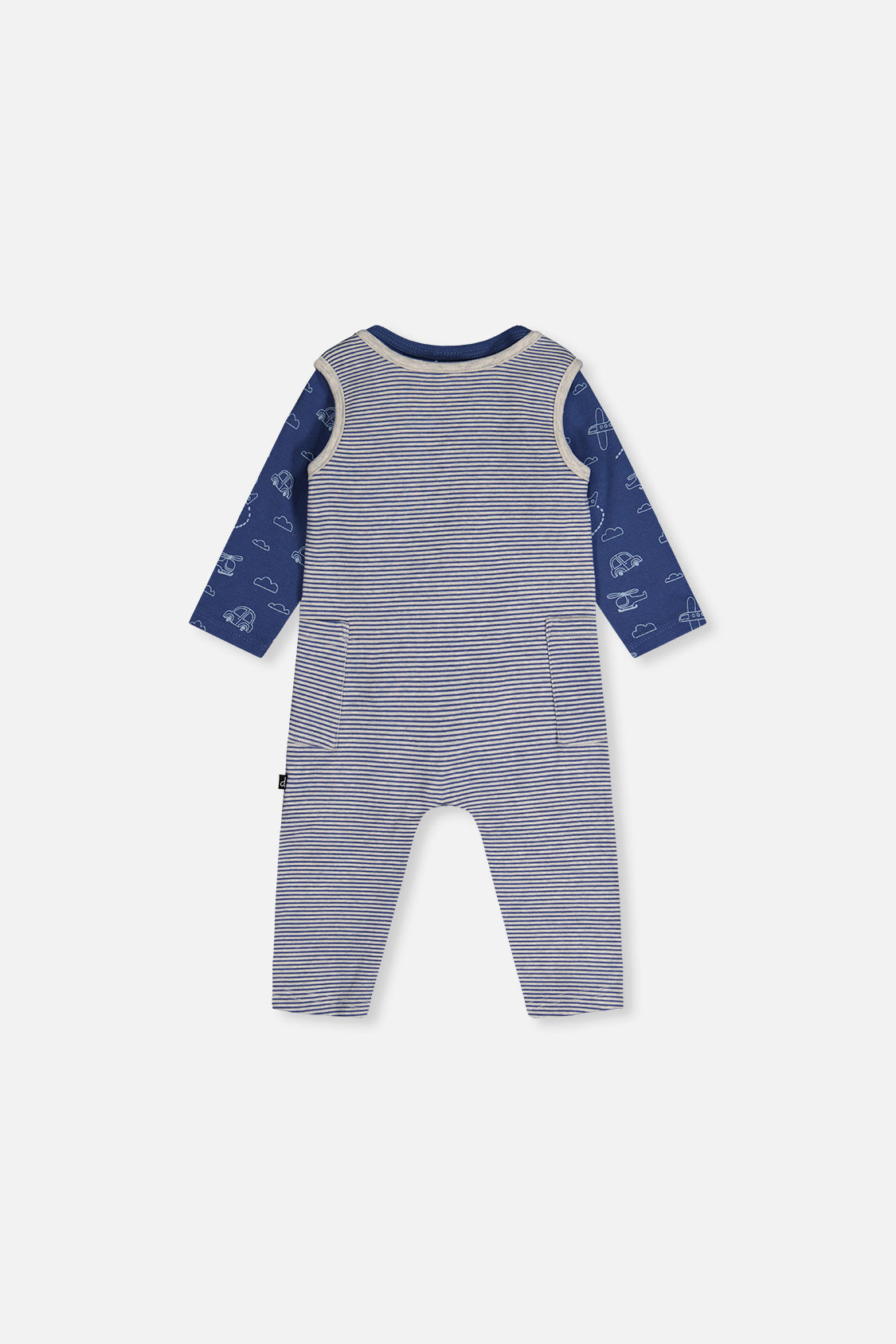Organic Cotton Onesie With Overalls Set Blue Printed Transportation-2
