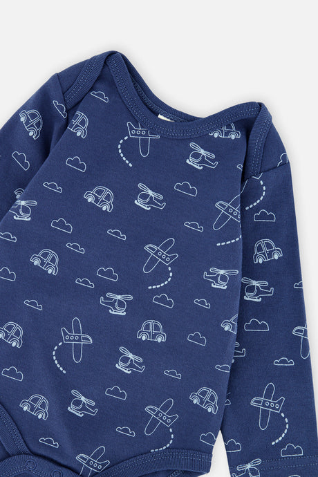 Organic Cotton Onesie With Overalls Set Blue Printed Transportation-3