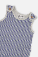 Close-up of the shoulder button and neckline on the Deux par Deux striped baby overalls