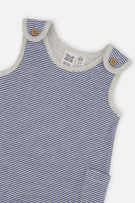 Close-up of the shoulder button and neckline on the Deux par Deux striped baby overalls