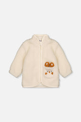Off-white sherpa jacket for baby boys by Deux par Deux, front view with bunny chest pocket