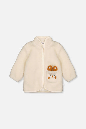 Off-white sherpa jacket for baby boys by Deux par Deux, front view with bunny chest pocket