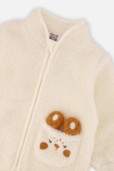 Close-up of the stand-up collar, zipper and bunny pocket on the off-white baby sherpa jacket