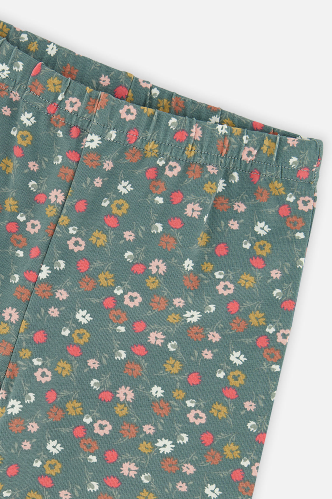 Close-up of the pink and mustard flower print on the Deux par Deux flared leggings
