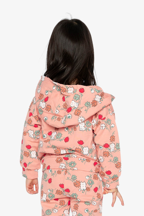 Child wearing the pink cat print hooded cardigan with the hood resting on the back, back view