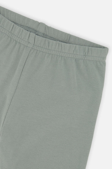 Close-up of the elastic waistband on the Deux par Deux sage green leggings