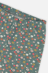 Close-up of the elastic waistband and ditsy floral print on sage green leggings