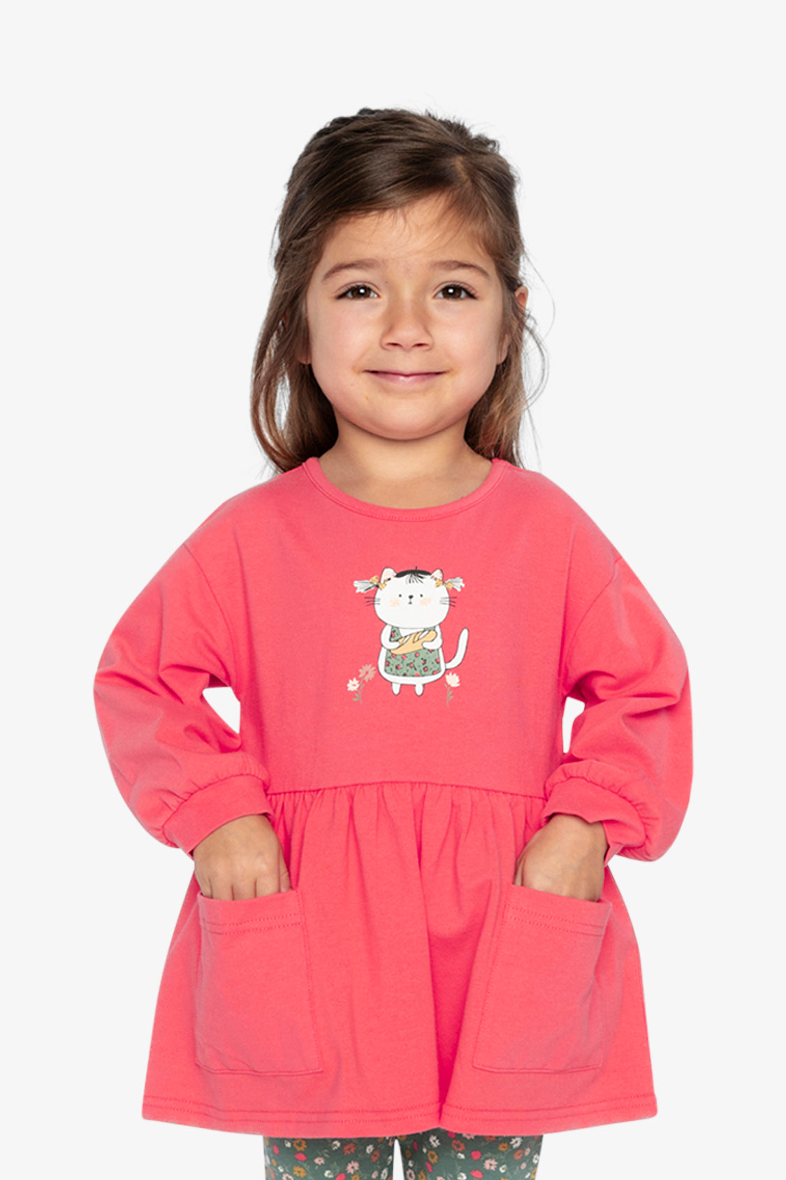Child wearing the coral pink organic cotton tunic, view 6