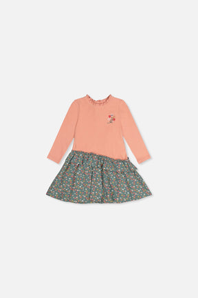 Baby Bi-Material Dress Pale Pink And Green Floral Print-0