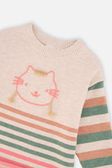 Close-up of the pink outlined cat with tan yarn braids and the ribbed collar on the off-white Deux par Deux sweater