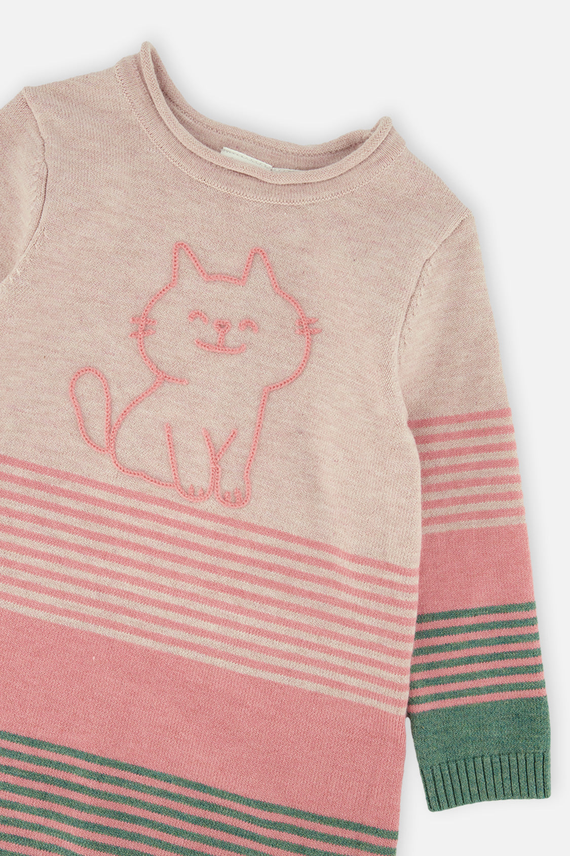 Close-up of the cat on the chest and the stripes of the knitted dress