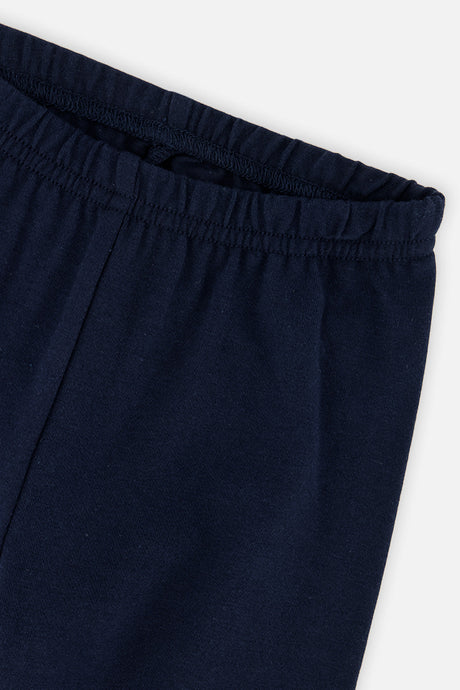Close-up of the elastic waistband on the Deux par Deux navy leggings