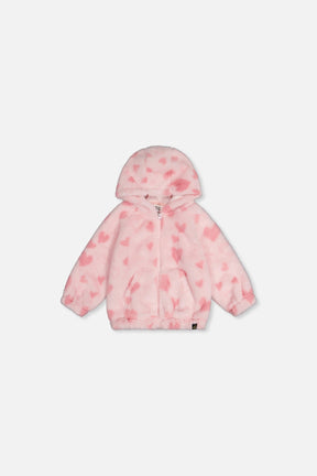 Baby Hooded Full Zip Faux Fur Jacket Pink Printed With Hearts-0