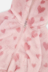 Baby Hooded Full Zip Faux Fur Jacket Pink Printed With Hearts-2
