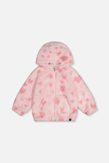 Hooded Full Zip Faux Fur Jacket Pink Printed With Hearts-0
