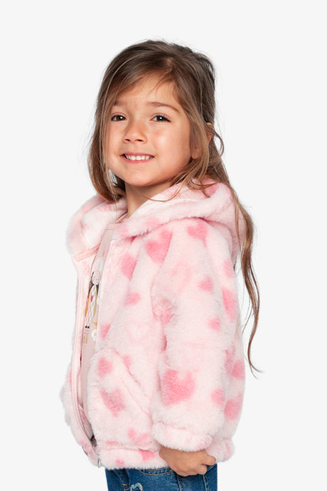 Hooded Full Zip Faux Fur Jacket Pink Printed With Hearts-4