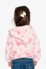 Child wearing Deux par Deux pale pink heart faux fur jacket, lookbook view 3