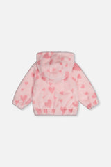 Hooded Full Zip Faux Fur Jacket Pink Printed With Hearts-3