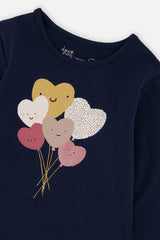 Deux par Deux girls royal blue organic cotton t-shirt with pink heart balloons, view 6