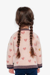 Child wearing the pale pink Deux par Deux heart cardigan, back view