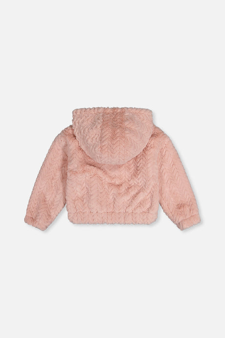 Deux par Deux dusty pink faux fur hooded cardigan, flat lay back view with the hood