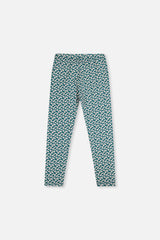 Deux par Deux girls teal daisy print leggings, back view laid flat