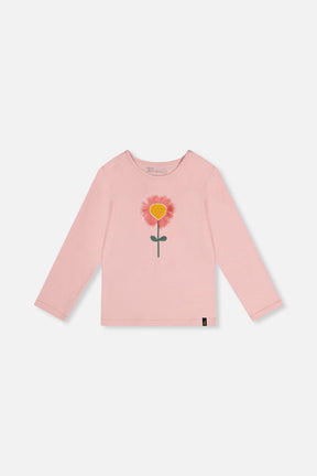 Deux par Deux pale dusty pink long sleeve T-shirt with a 3D pink flower, flat front view