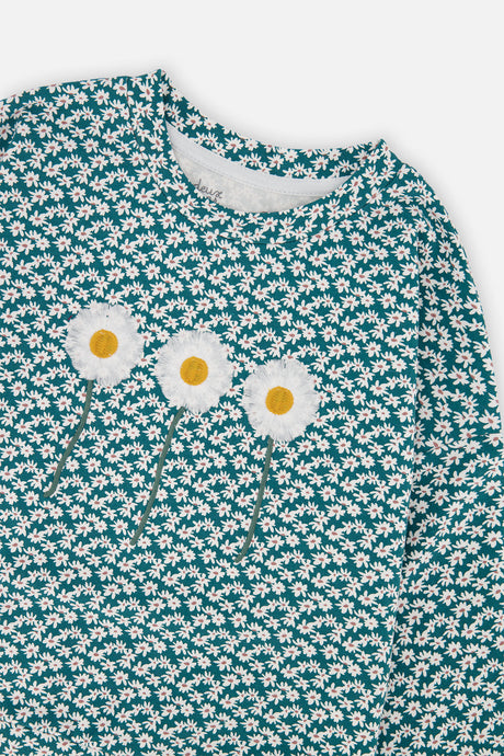 Deux par Deux girls' printed jersey long sleeve t-shirt in green floral print, view 6