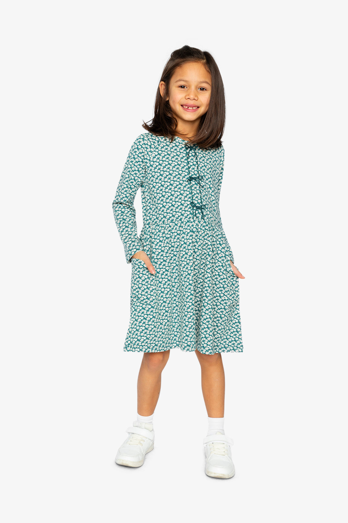 Organic Cotton Dress With Pockets Green Floral Print-1