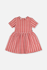 Short Sleeve Dress With Pockets Pink And White Houndstooth-0