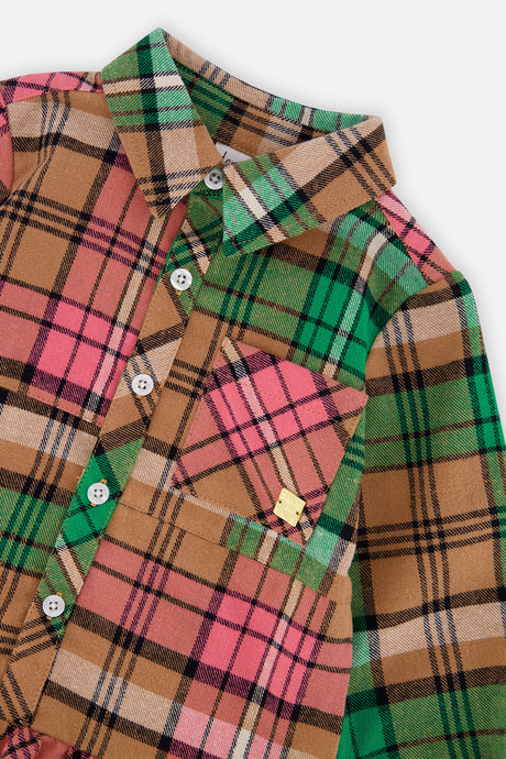 Close-up of the shirt collar and buttons on the Deux par Deux pink and green plaid dress