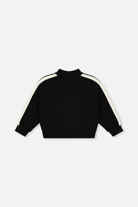 Back view of the black milano zip jacket laid flat with white stripes over the shoulders and sleeves