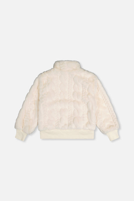 Deux par Deux cream faux fur bomber jacket, flat lay back view with the ribbed cuffs