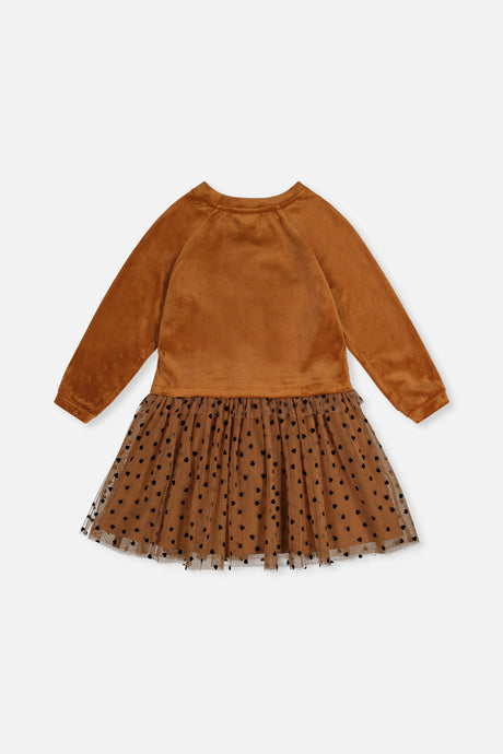 Deux par Deux girls caramel brown velvet dress with raglan sleeves and a dotted mesh skirt, back view