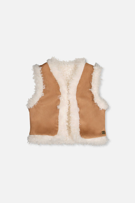 Deux par Deux reversible vest, tan/camel suede-look side with cream sherpa trim, front view