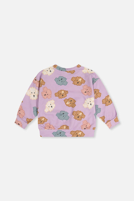 Deux par Deux lilac poodle print sweatshirt with cuffs and hem, flat lay back view