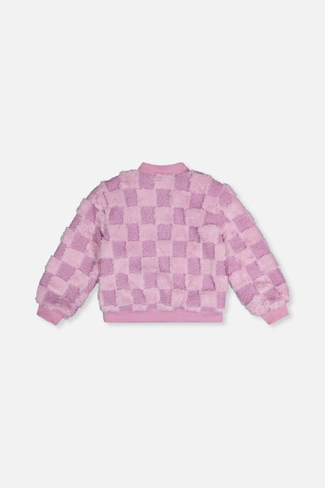 Deux par Deux lilac and violet checkerboard faux fur bomber jacket, flat lay back view