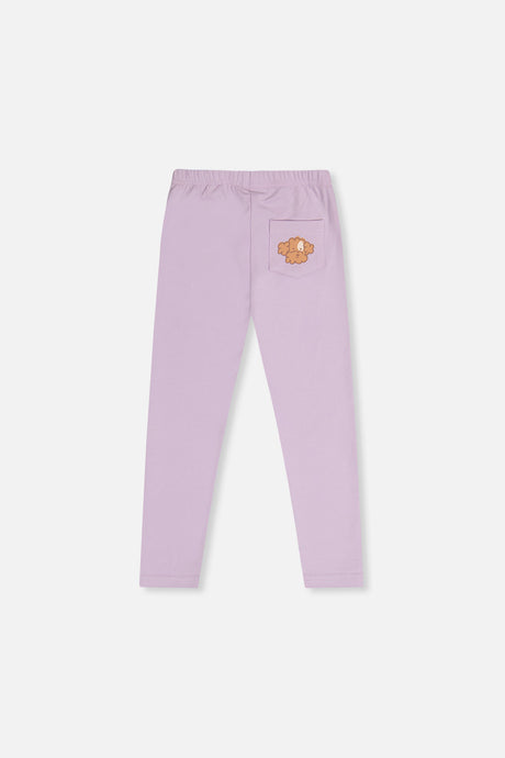 Deux par Deux girls lavender leggings with a poodle face back pocket, back view laid flat