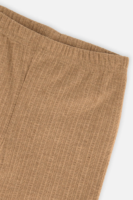 Close-up of the knit texture and elastic waistband on the Deux par Deux camel brown leggings