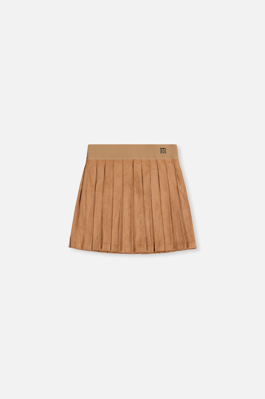 Deux par Deux girls knife-pleated suede mini skirt in brown, front view