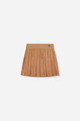 Deux par Deux girls knife-pleated suede mini skirt in brown, front view