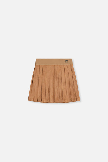 Deux par Deux girls knife-pleated suede mini skirt in brown, front view