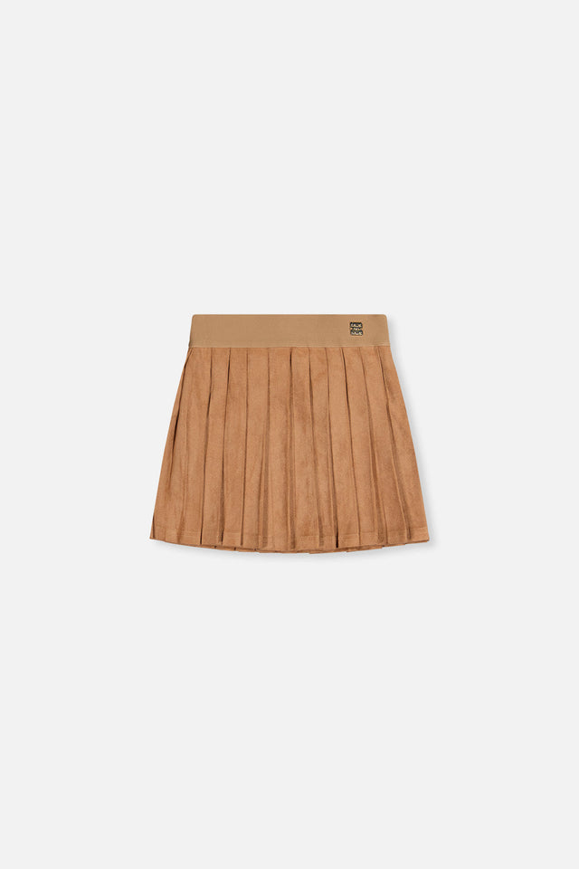 Deux par Deux girls knife-pleated suede mini skirt in brown, front view