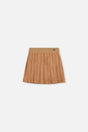 Deux par Deux girls knife-pleated suede mini skirt in brown, front view