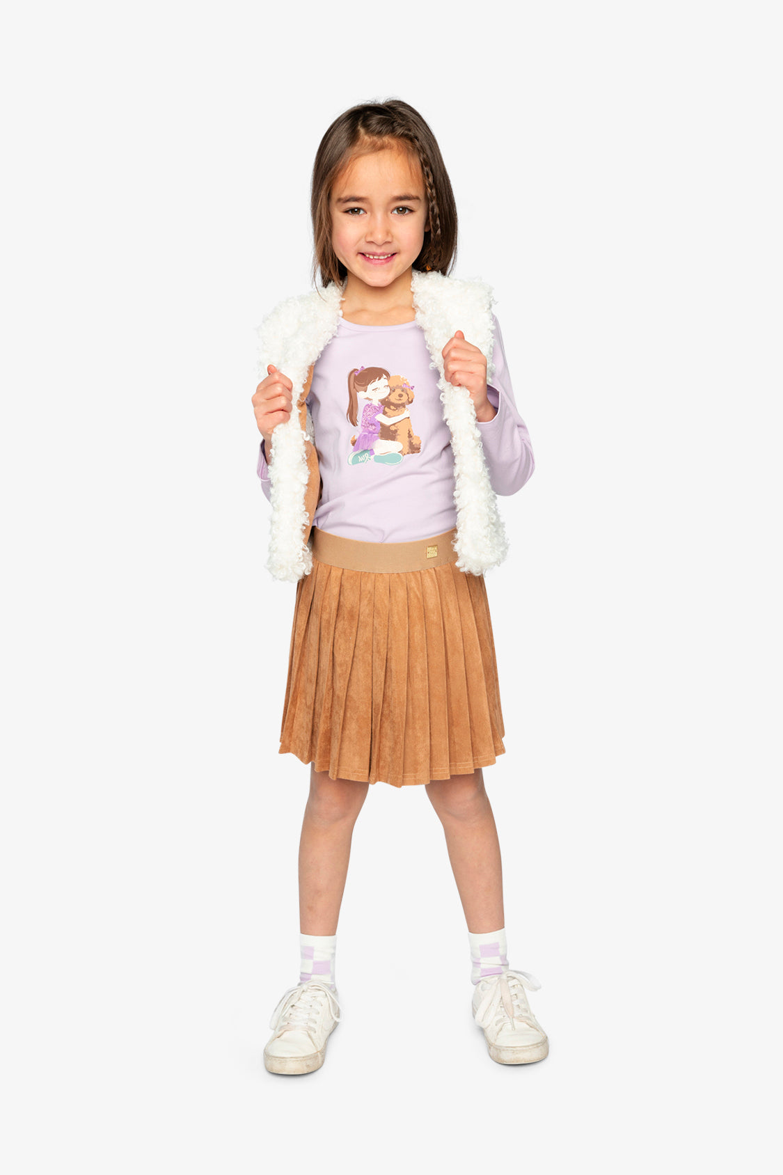 Deux par Deux brown pleated skirt shown in a full Poodle Chic outfit