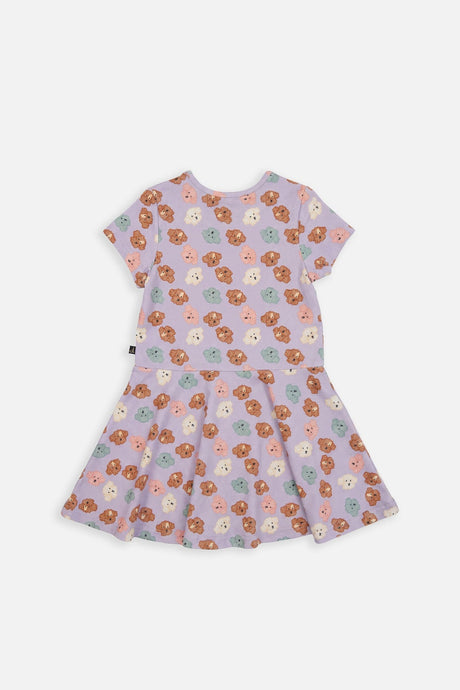 Deux par Deux girls lilac poodle print jersey dress with short sleeves, back flat view