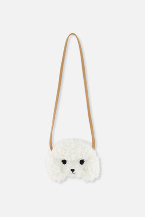 Deux par Deux girls poodle crossbody bag in off-white plush, front view