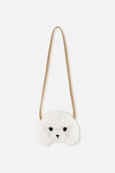 Deux par Deux girls poodle crossbody bag in off-white plush, front view