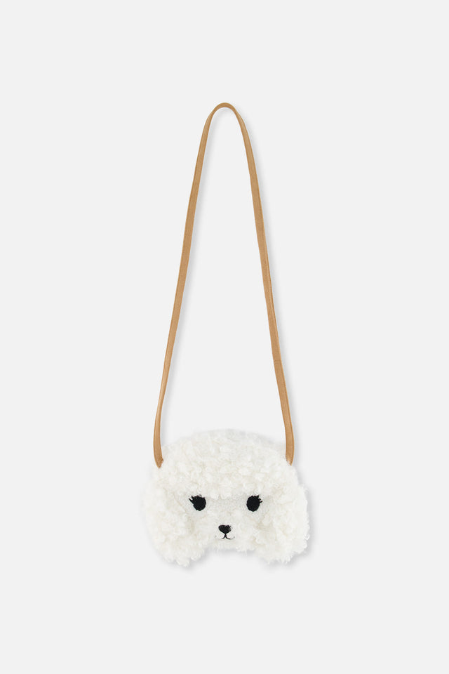 Deux par Deux girls poodle crossbody bag in off-white plush, front view