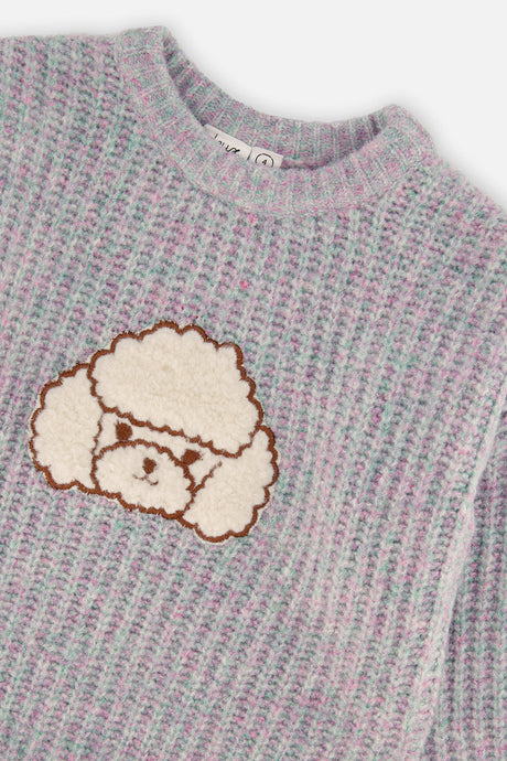 Close-up of the cream textured poodle and ribbed neckline on the lilac grey Deux par Deux sweater